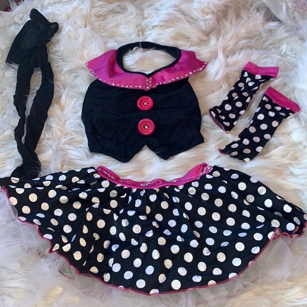 Custom made Jazz Polka Dot Black and Pink dance costume with swarovski crystals.